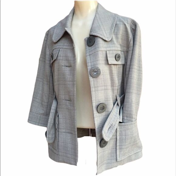 Kensie Gray Plaid Large Button Front Flap Pocket Belted Blazer Jacket - Picture 2 of 10